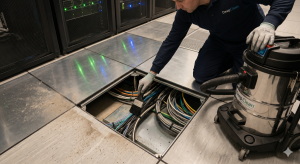 טכנאי מקצועי של Deep Clean, לבוש במדי ESD (אנטי-סטטיים), משתמש בשואב HEPA תעשייתי ייעודי כדי לנקות ביסודיות את האזור שמתחת לאריחי רצפה צפה מורמת. ניתן לראות את הניגוד הברור בין האזור המאובק (כמו בתמונה 1) לבין האזור הנקי שנוקה.