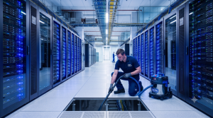 A technician from Deep Clean lifted a section of the raised anti-static floor